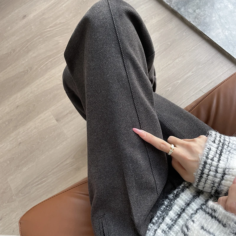 Autumn Winter New Wool Blend Warm Pants for Women Elastic Waist Wide Leg Straight Trousers Korean Fashion Pocket Straight Pants