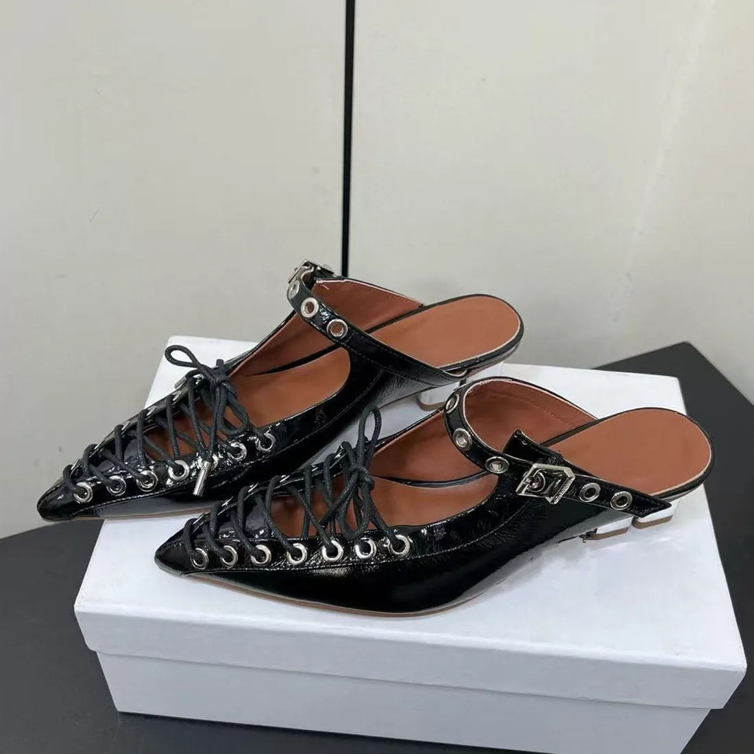 

Summer 2025 new patent leather cool slippers with metal buckle, flat bottomed outer half slippers, female trend