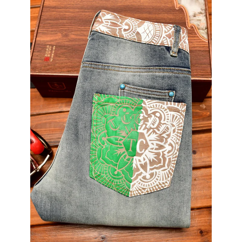 بنطال جينز ريترو عتيق للرجال، أزياء فاخرة خفيفة مطبوعة ممزقة بقصة ضيقة على الطراز الأمريكي العصري