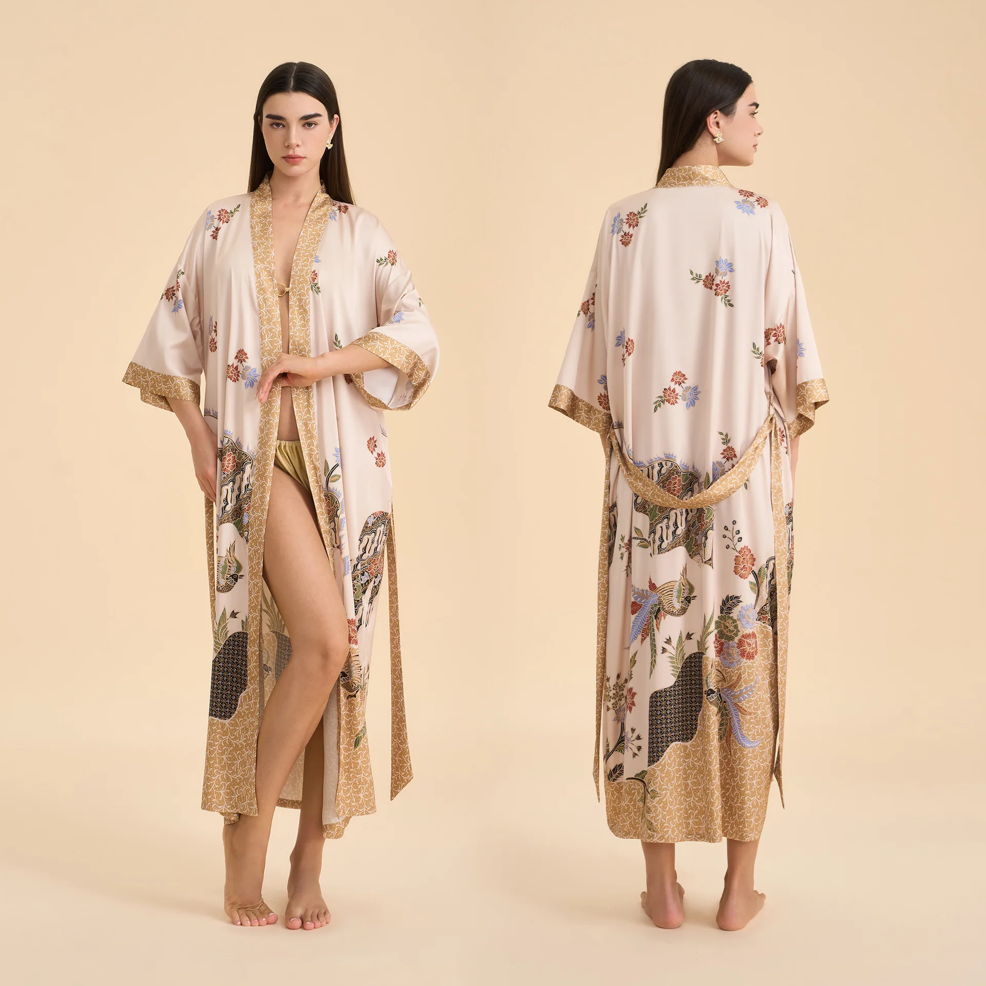 

Print Flower Long Wedding Robe Dress Women Kimono Bathrobe Gown Elegant Satin Sleepwear Nighgown Sexy Homewear Pajama