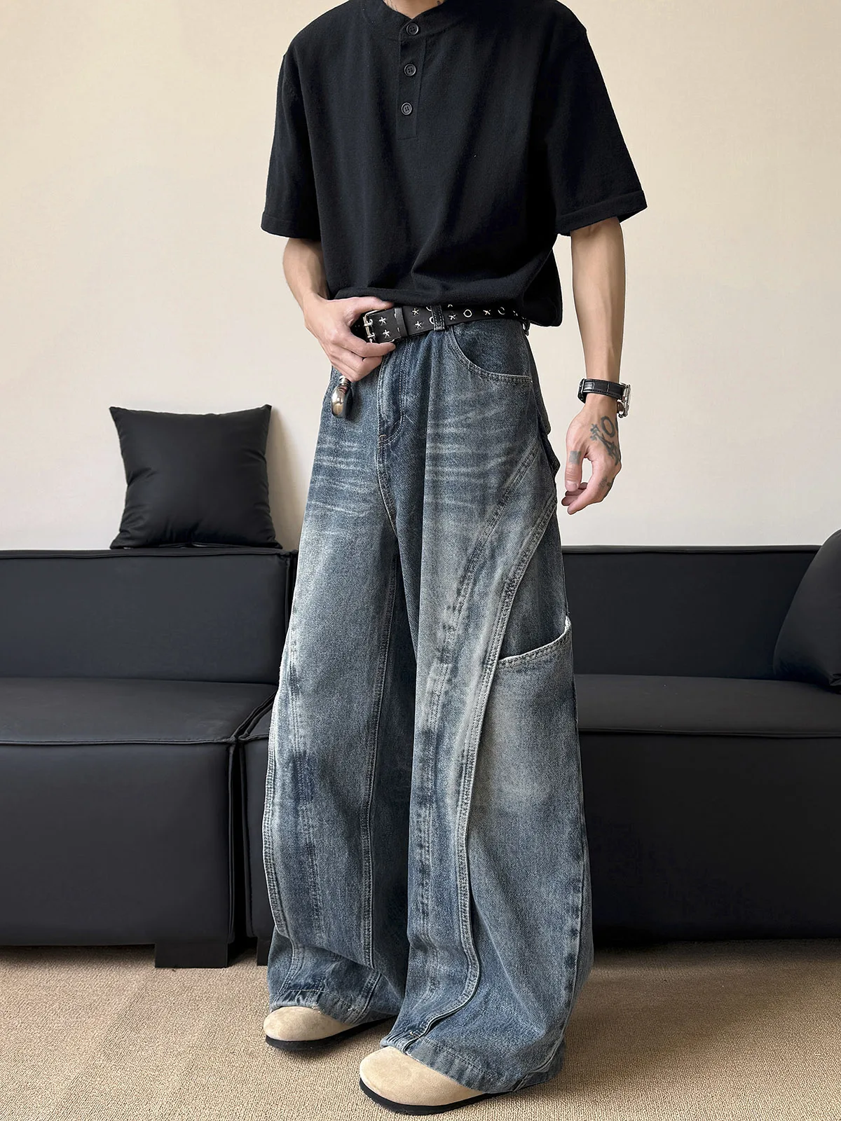 Washed Deconstructed Patchwork Wide Leg Jeans Men's Loose Retro 3D Tailoring Straight Cut Drapey Loose Fit Jeans Casual Denim
