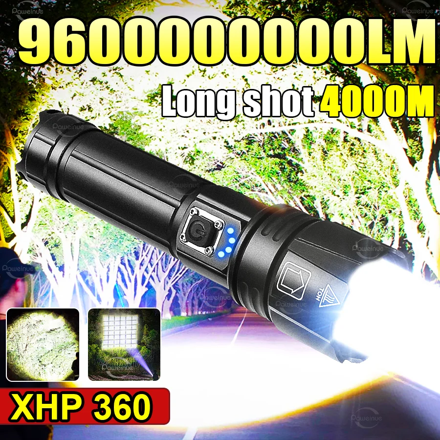 

Супермощный светодиодный фонарь XHP360 2026 года, дальность 4000 м, перезаряжаемый тактический фонарь-прожектор для рыбалки и кемпинга
