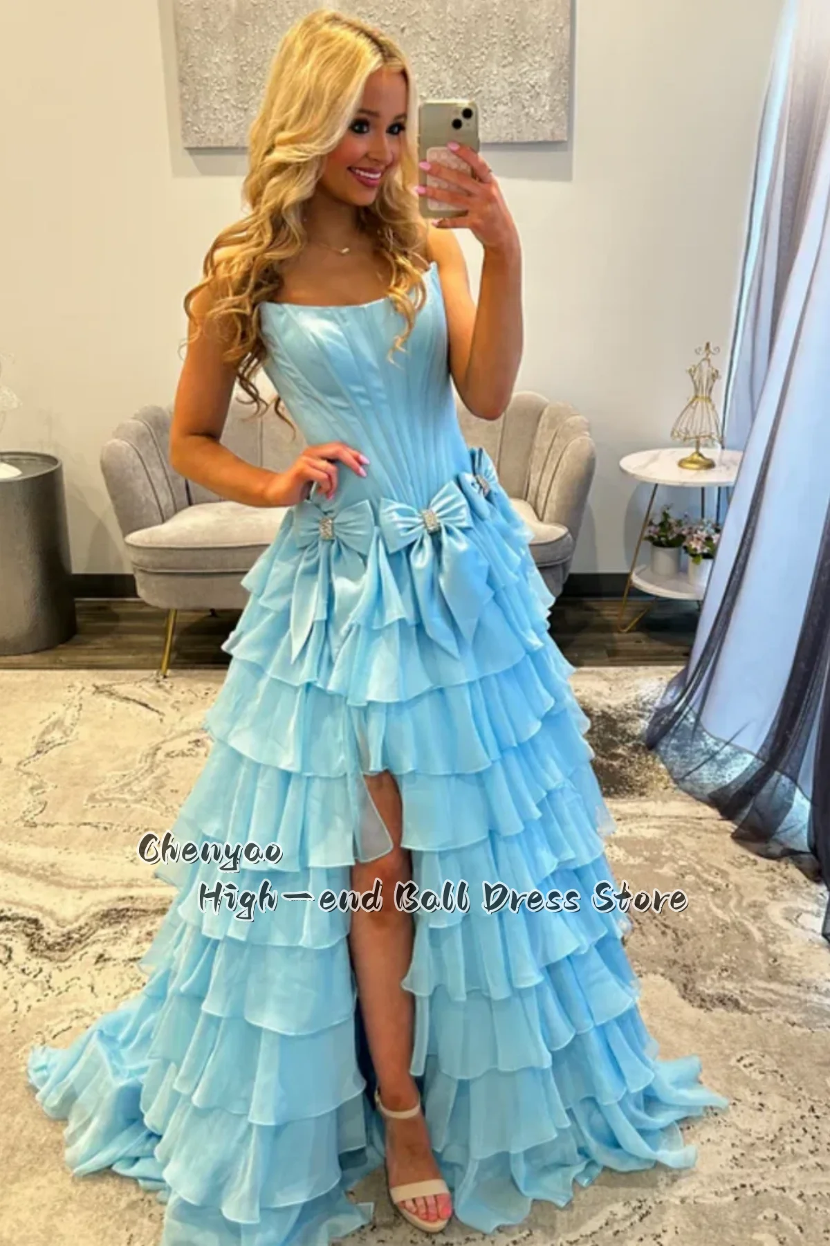 Romantic Corset Prom Dress Customized Square Neck Multi-Layer Ruffle Tulle High Slit With Rhinestone Bow Fashion Evening Dress