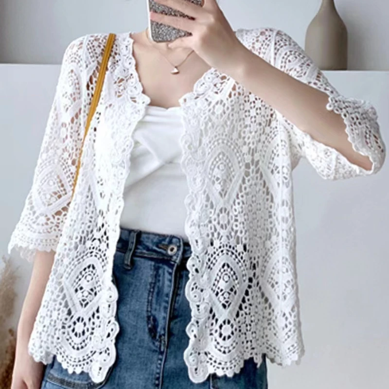 Women Knitted Lace Shrug Boho Hollow Crochet Floral 3/4 Sleeves Open Front Cropped Cardigan Elegant Mesh Sweater Coveup