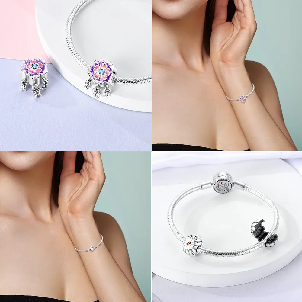 Charms Plata 925 Originales Romantic Flowers Beads For Charms 925 Sterling Silver Bracelet Beads Jewellery Making Women's Gift