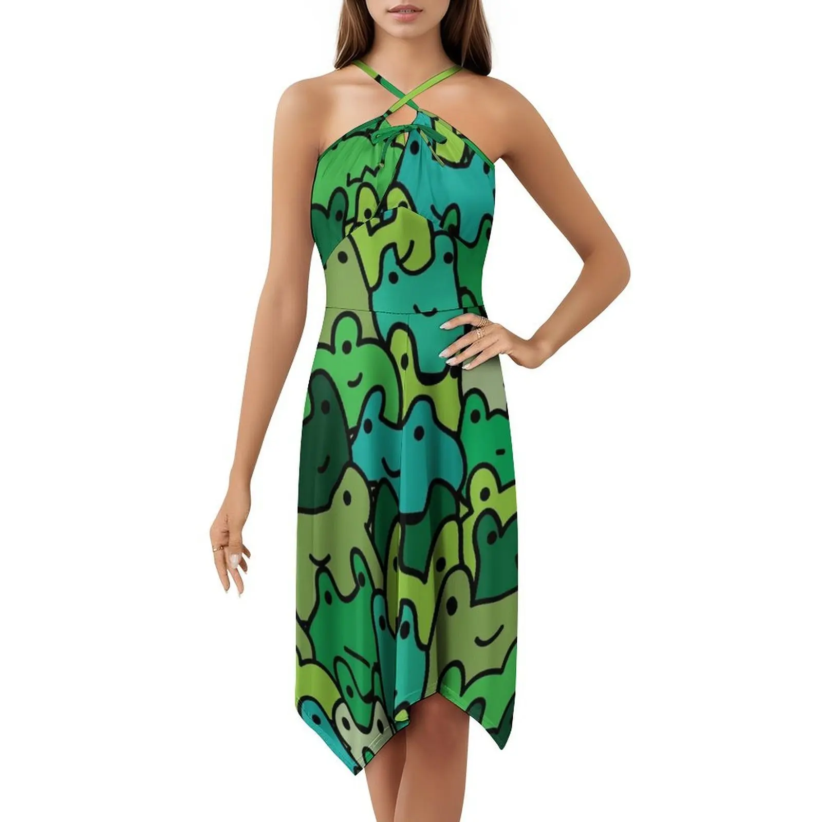 نمط الضفدع في فستان حفلات نسائي متدرج أخضر لطيف ملابس الشارع الشهير ملابس نادي مطبوعة عصرية للنساء نمط الضفدع Froggie #5