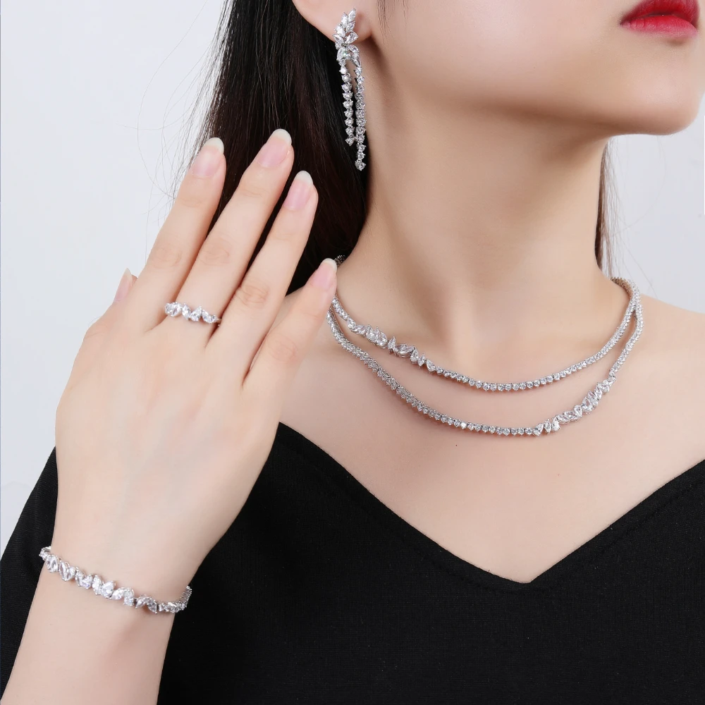 018578Trendy Jewelry Set for Women Double Layer Necklace Set Crystal Cubic Zircon Wedding Engagement Jewellery Accessories