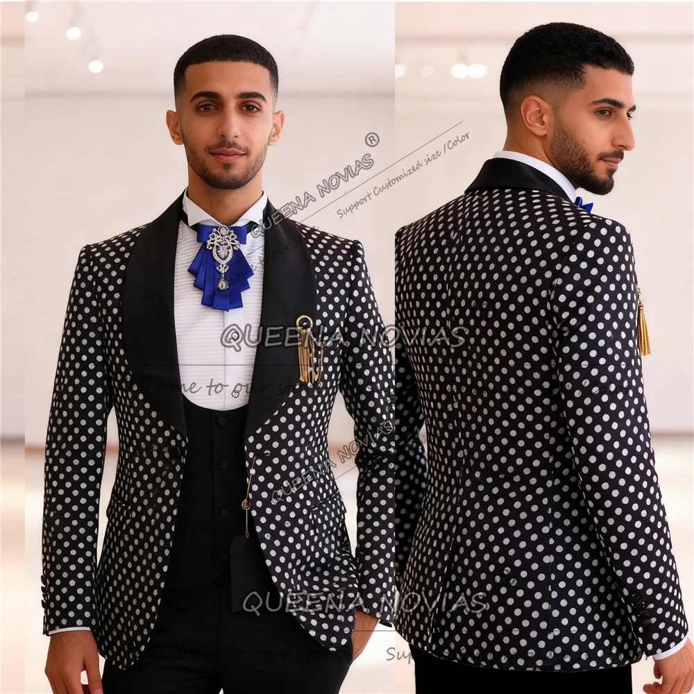 Retro Bräutigam Hochzeit Smoking 3-teiliges Set Polka Dot Anzug Männer Slim Fit Angepasst Schal Revers Prom Blazer Männlichen Mode Ropa hombre