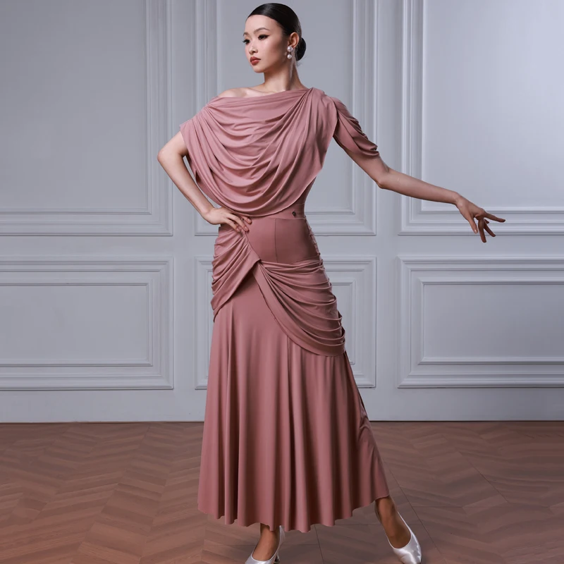 Fashion Women Ballroom Dance Professional Costume Adults Waltz Modern Dancing Suits Pink Latin Bodysuit Skirts Suits SL16134