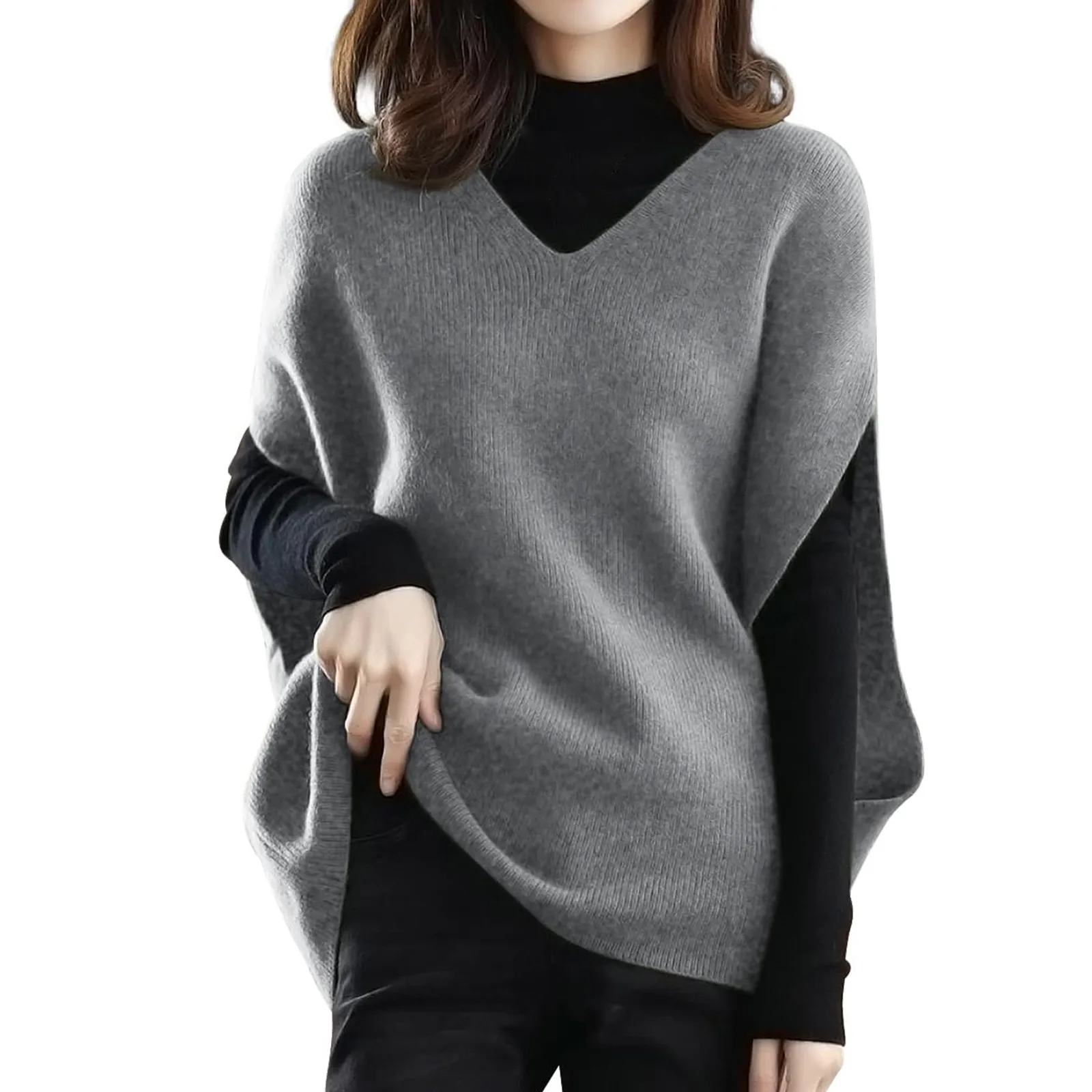 New Female Sweater Autumn Winter V-neck Bat Sleeve Solid Color Versatile Long Sleeve Loose Knit Pullover