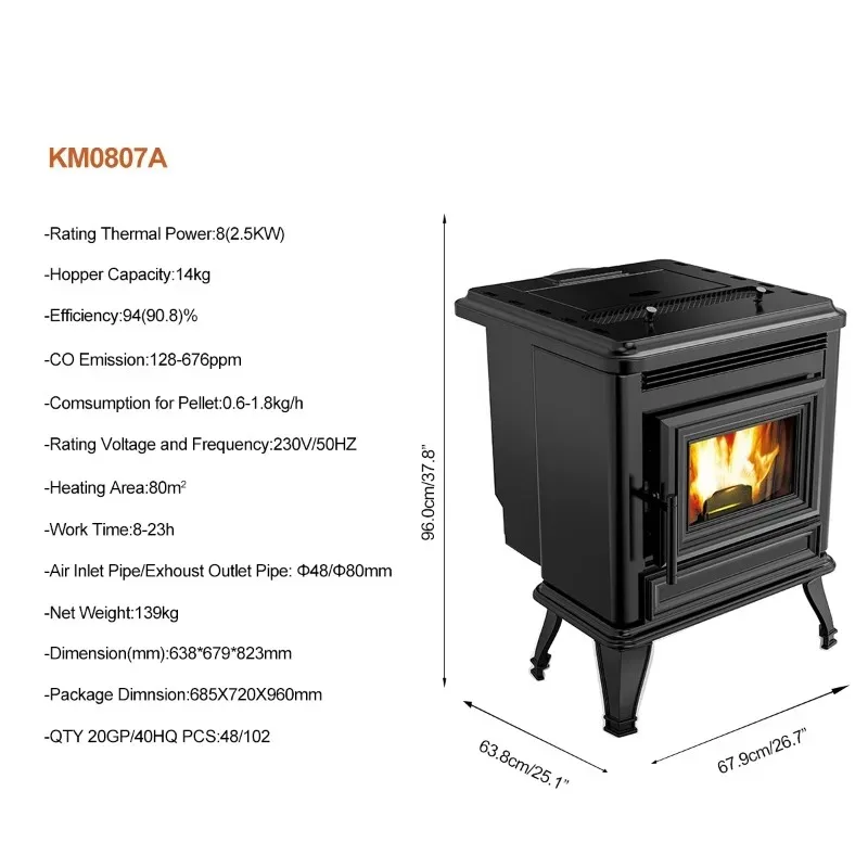 KM0808A 8KW European Indoor Freestanding Cast Iron WIFI Wood Pellet Heater Fireplace Pellet Stoves