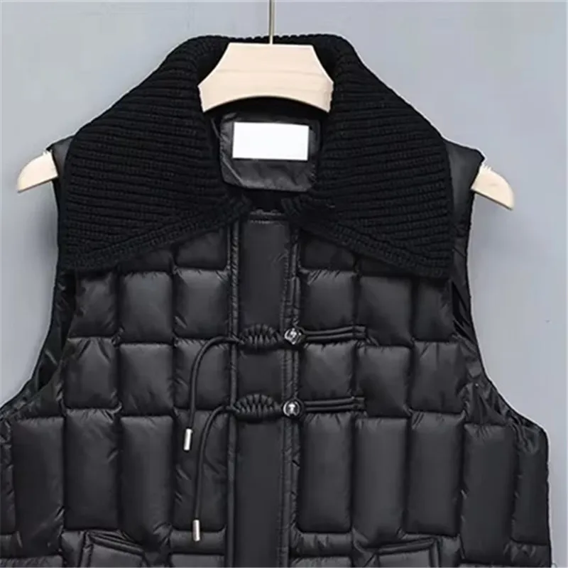 

Autumn Winter New Fashion Short Down Cotton Vest Women Knitted Splicing Lapel Sleeveless Jacket Female Elegant Waistcoat T1586