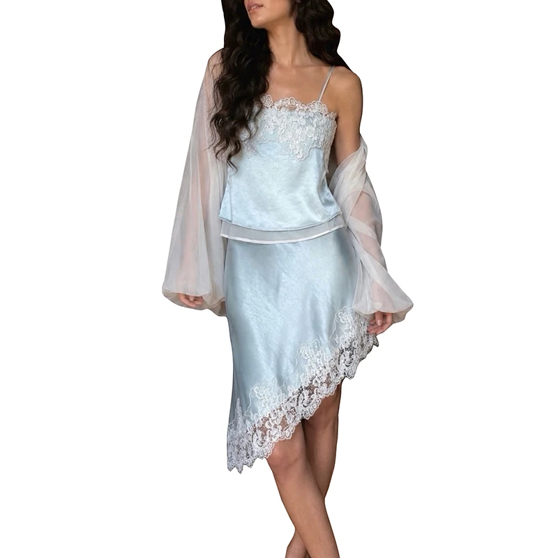 Weird Puss Patchwork-Spitzen-Satin-Netzstoff-2-teiliges-Set für Damen, schlichtes Freizeit-Oberteil + Rock mit elastischem Bund und unregelmäßigem Saum, eleganter Anzug – Detail 2