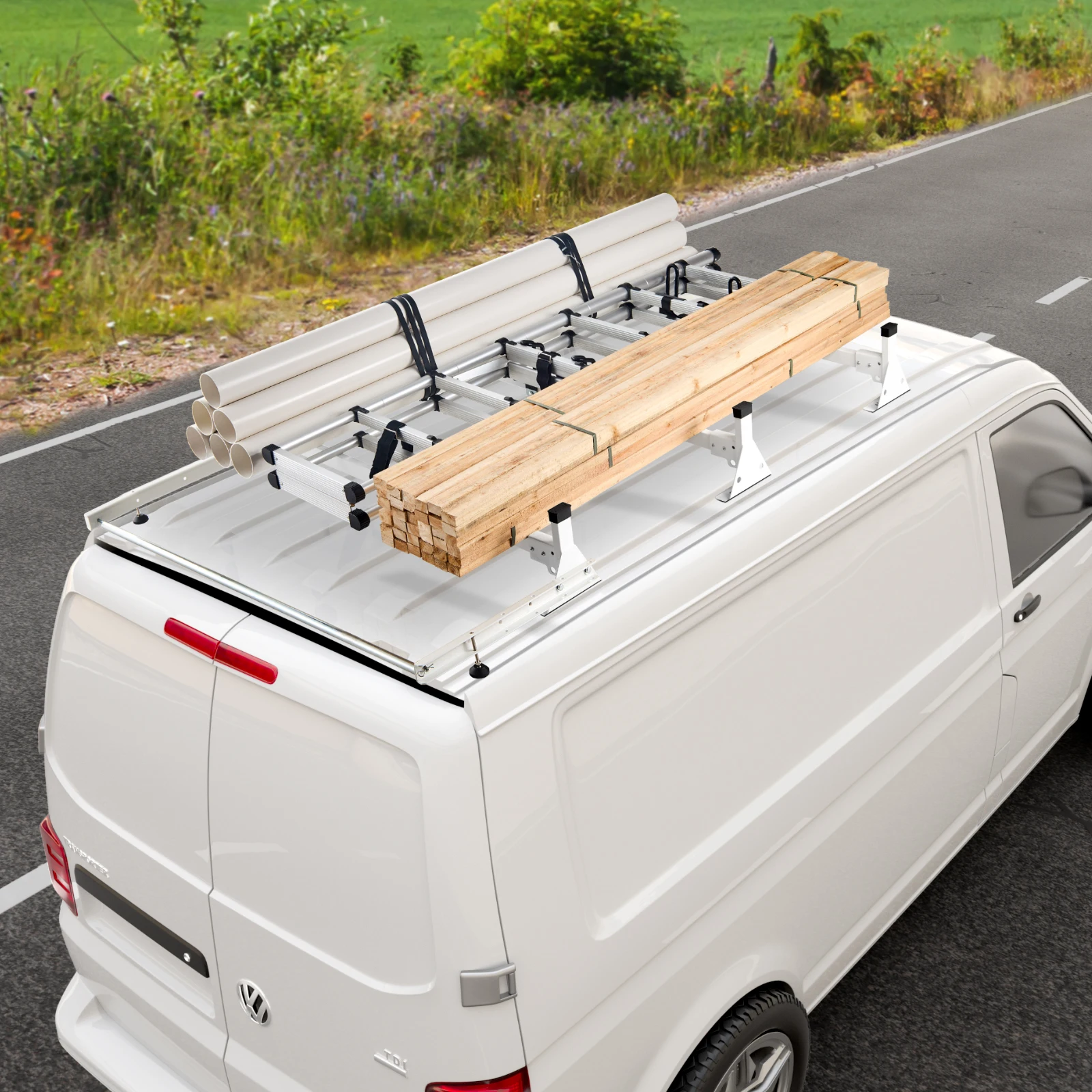 VEVOR 800 lbs Capacity Heavy-duty Steel Van Roof Rack with Cargo Roller and Straps Fit for Ford Transit 150 250 350 2015-2022