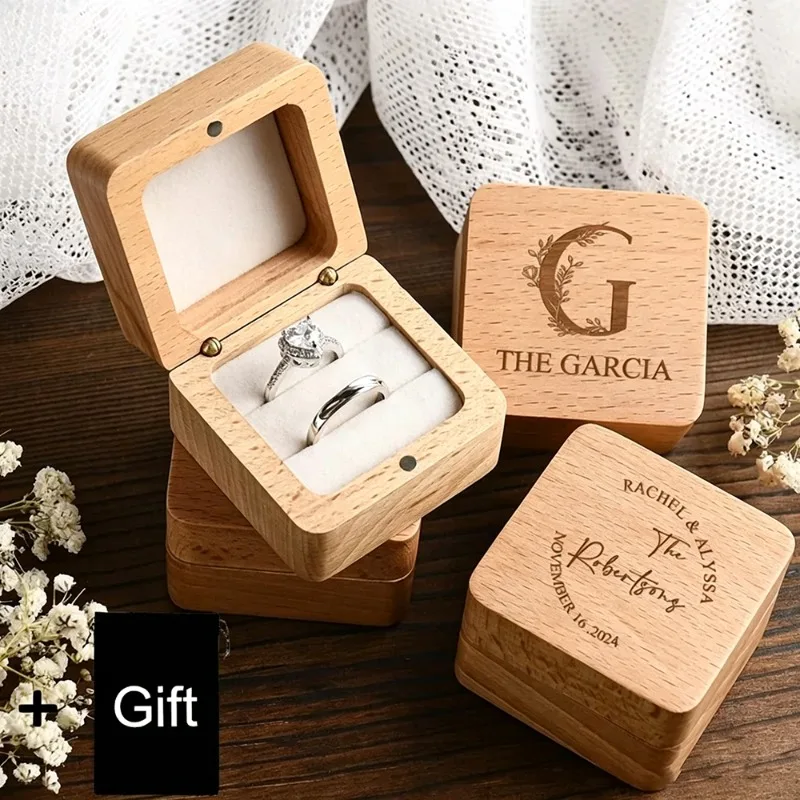 Square Double Ring Box Free Custom Engraved Wooden Ring Box for Wedding Ceremony Proposal or Engagement Ring Box Anniversar Gift