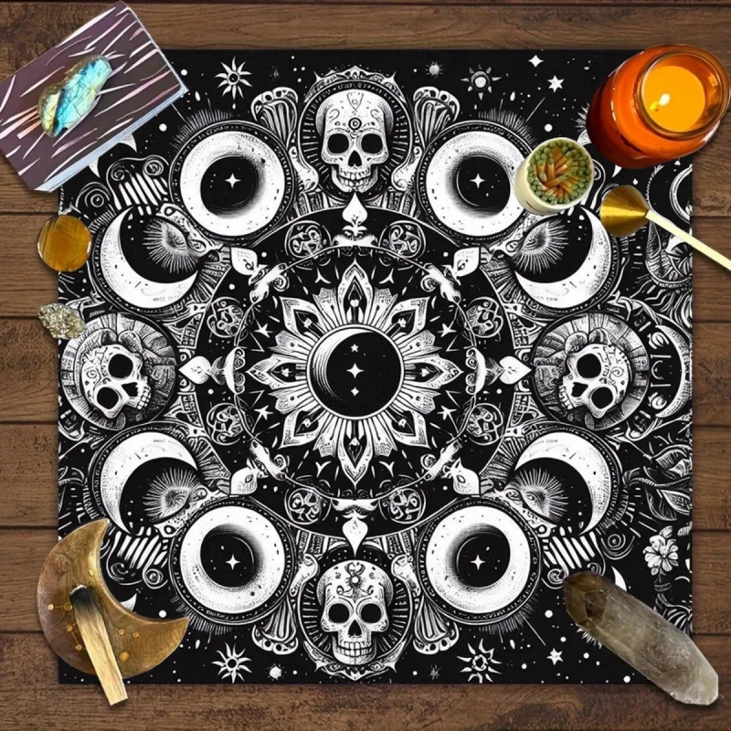 

Скатерть для алтаря VIKAMA Dark Skull Sun Moon Tarot, черно-белая, готическая, для ритуалов, для очищения энергии, принадлежности для алтаря