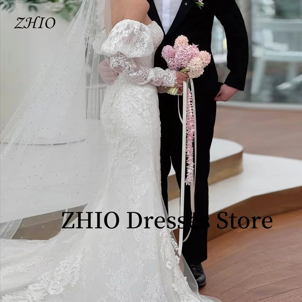 ZHIO ชุดแต่งงานลูกไม้ Mermaid พัฟแขนเกาหลีถ่ายภาพ Sweep Train ชุดเจ้าสาวรัดตัวที่กําหนดเอง Elegant 