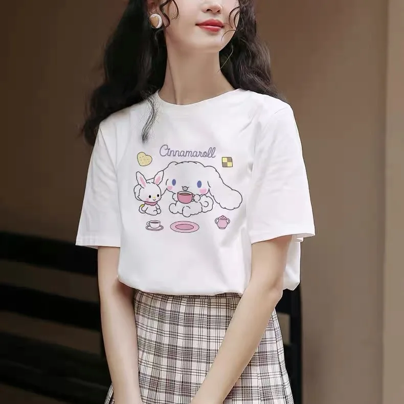 Summer Cinnamoroll Tea Time Graphic T-shirt Women Girls Kids Casual Short Sleeve Cute Anime Print Tee Top High Quality T Shirt