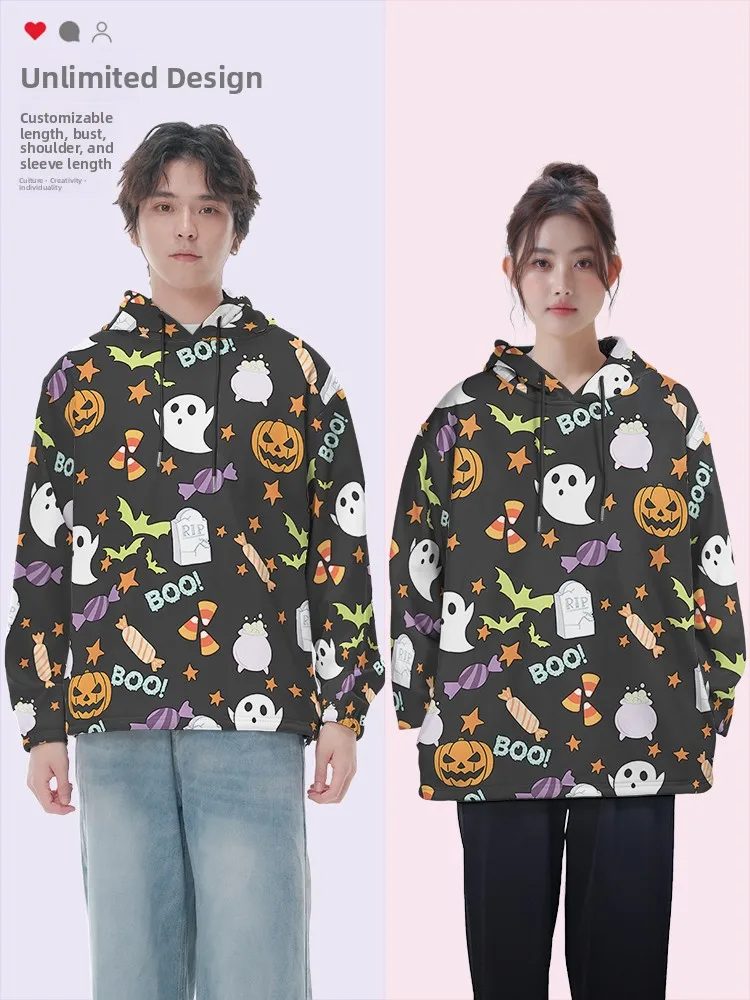 เสื้อฮู้ดลายการ์ตูนน่ารัก ฮาโลวีน ฟักทอง ผี ค้างคาว แฟชั่นสตรีทแวร์ ผู้ชาย แขนยาว พิมพ์ลาย...
