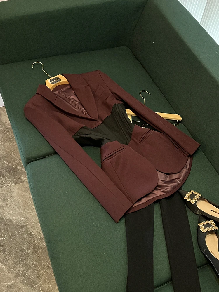 

Ele Fibone Waistcoat Design Suit Jaet Me Splicing Sle Commute Wind Women's Long Sve Mid-Length Coat