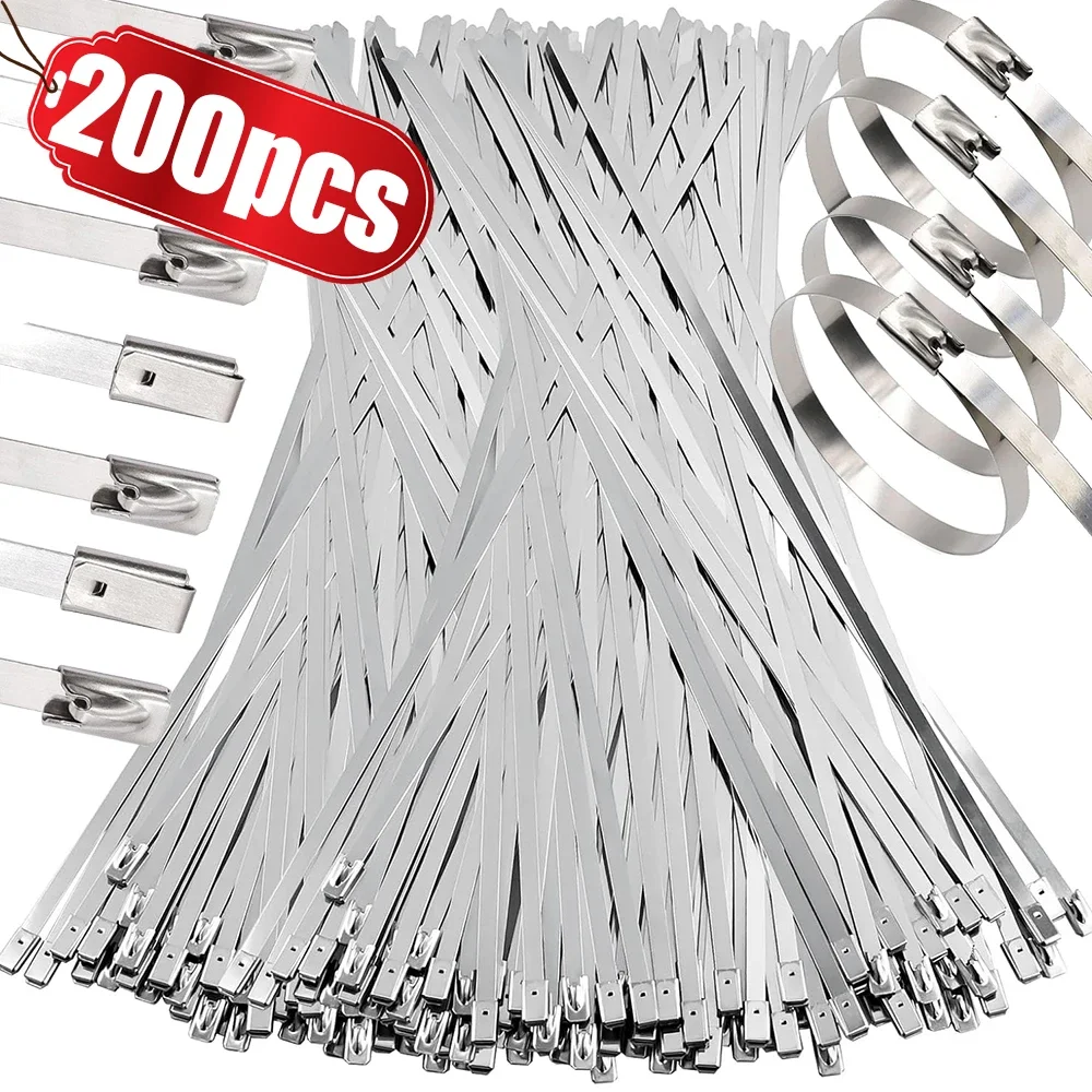 20/200pcs Multi-Purpose Cable Ties Heavy Duty Stainless Steel Self-Locking Fence Metal Zip Tie 4.6mm Wide Fastening Ring Strap