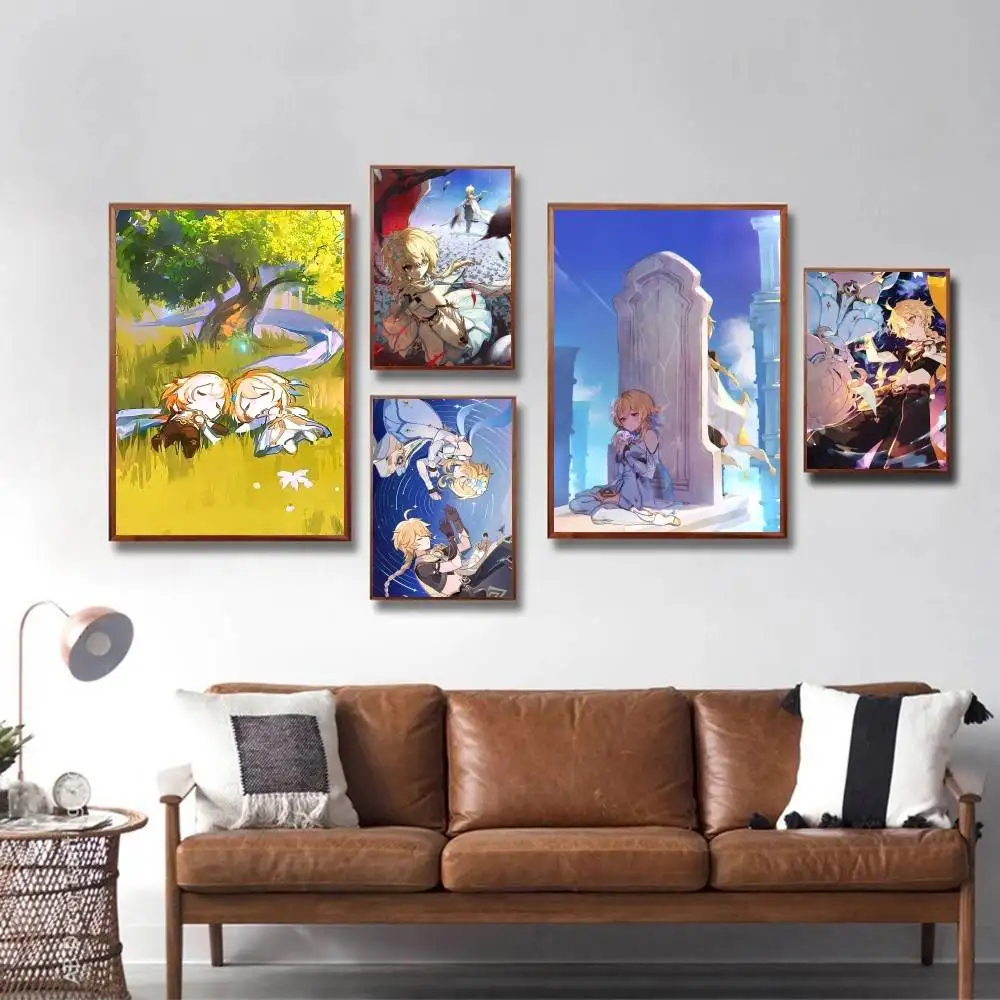 Anime Genshin Impact Aether X Lumine Posters HD Print Vintage Wall Art Decor for Home Study Room