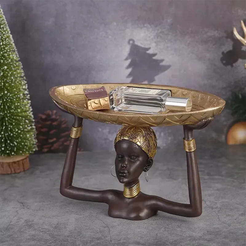 Modern Art Antique African Black Resin Sculpture Stand for Home Jewelry Display and Small Items Storage