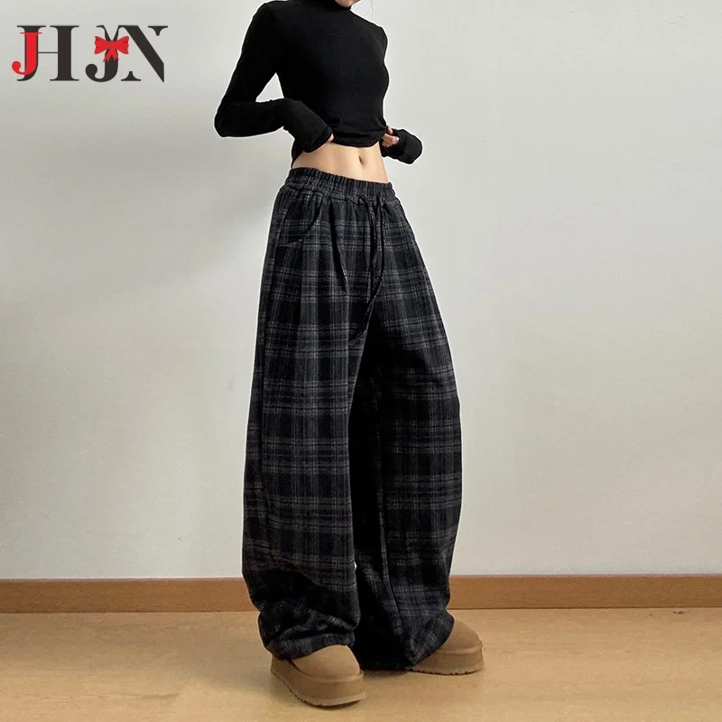 Harajuku Black White Plaid Pants Women 2024 Oversized Wide Leg Trousers Female Korean Style High Waist Checkered Pants Female