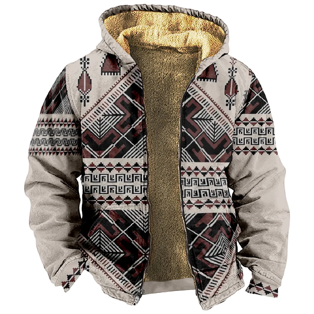 Men\'s Winter Jackets Fleece Male Coats Warm Hoodies for Men Tribal Native American Pattern Outerwear Chamarras Para Hombre 2024