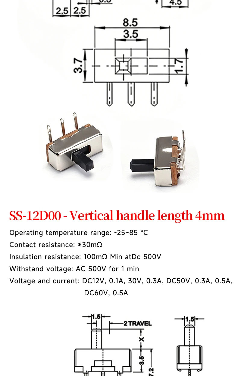 5 Stück Mini-SPDT-Schiebe-Kippschaltergriff 3/5mm MSS-22D018 SS-12D00 SK-22D07 MSK-12C02 SS-12F44 MSK23D19 - Elektronisches Bauteil – Detail 9