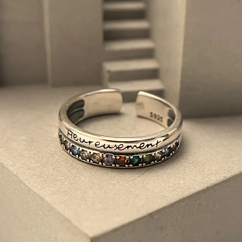 

925 Sterling Silver Colored Zircon Letter Double Layer Opening Adjustable Ring for Women Fine Jewelry Minimalist Accessories