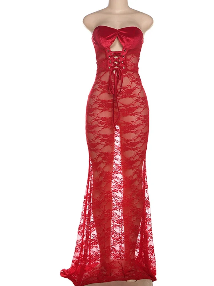 Shirring Hollow Dress Women Sexy Party Jacquard Patchwork Strapless Coquette Banquet Elegant Summer Y2K Maxi Bodycon