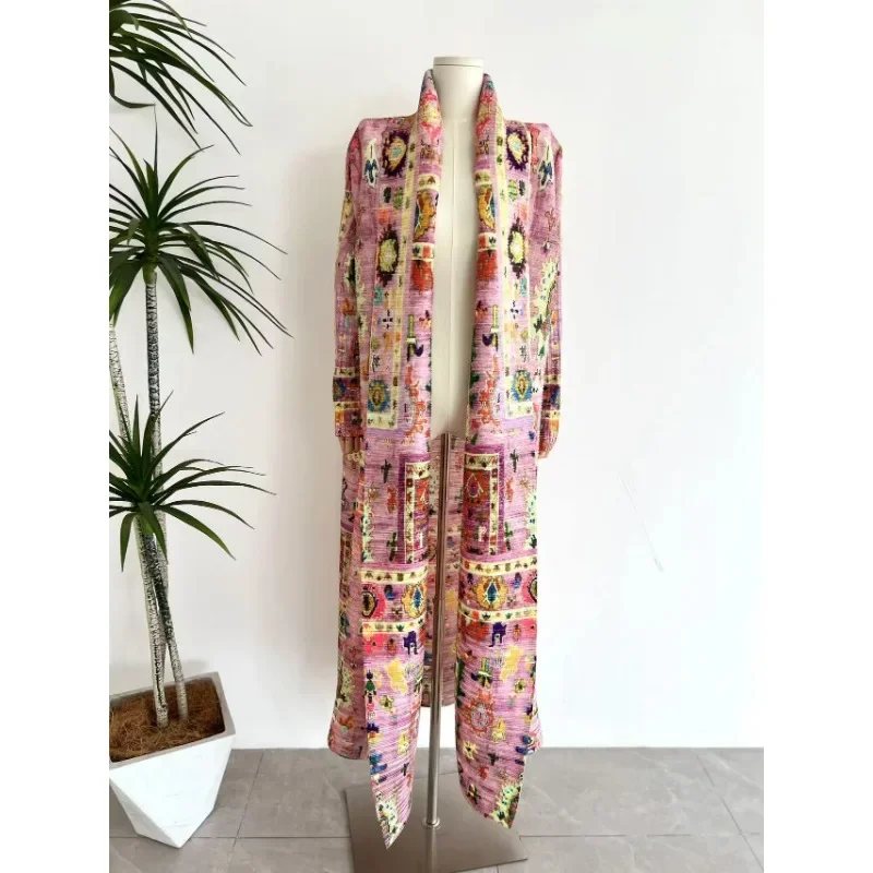 Miyake 2024 Summer New Printed Cardigan Long Jacket Premium Sense Fashion Temperament Long Sleeve Lapel Abaya