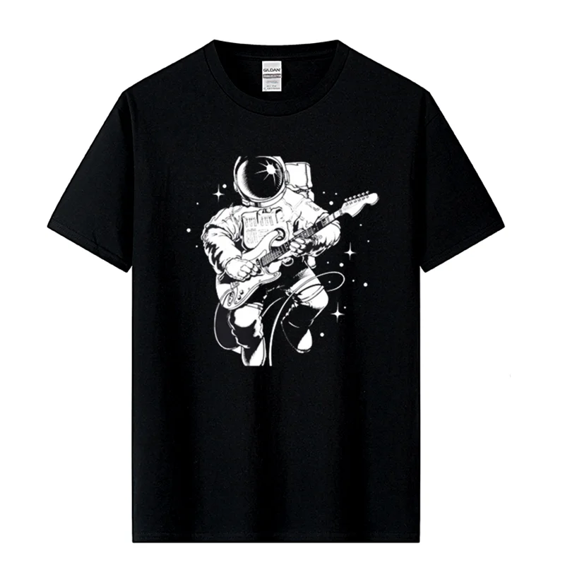 Men's Casual High Quality 100%Cotton Short Sleeve T-Shirt Funny Astronaut Plays Guitar Print MenTshirt O-neck T-shirt Men