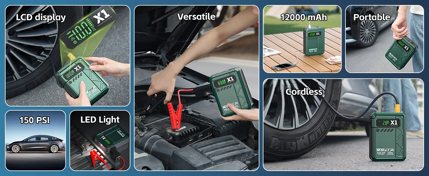 YESPER 2000A Starthilfe & 150PSI Luftkompressor 2-in-1, 12V Tragbarer Notfall-Booster für 8L Benzin 6L Diesel Auto SUV LKW – Detail 9