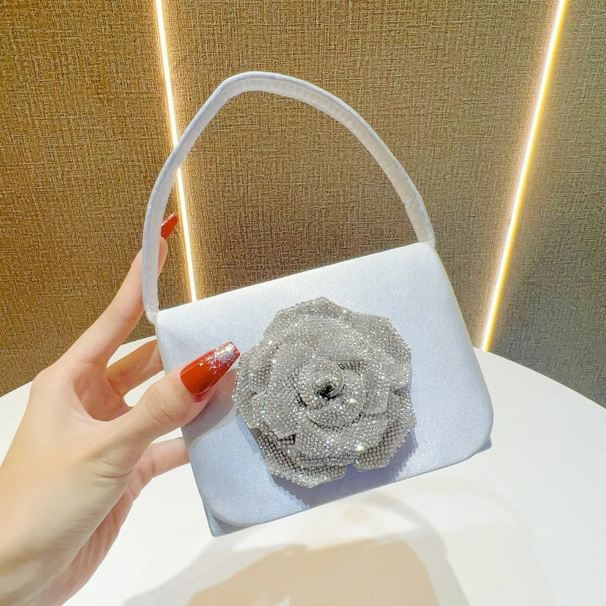 Luxury Glitter Diamond Floral Square Bag Women’s Satin Handbag Elegant Evening Clutch Wedding Party Crossbody Purse Fashion Tote
