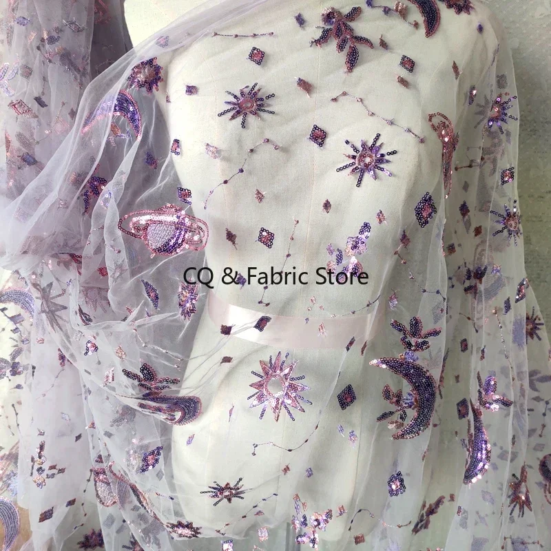 Sequins Embroidery Universe Planet Moon Mesh Tulle Lace Fabric for Wedding Dress Skirt  Clothing Material