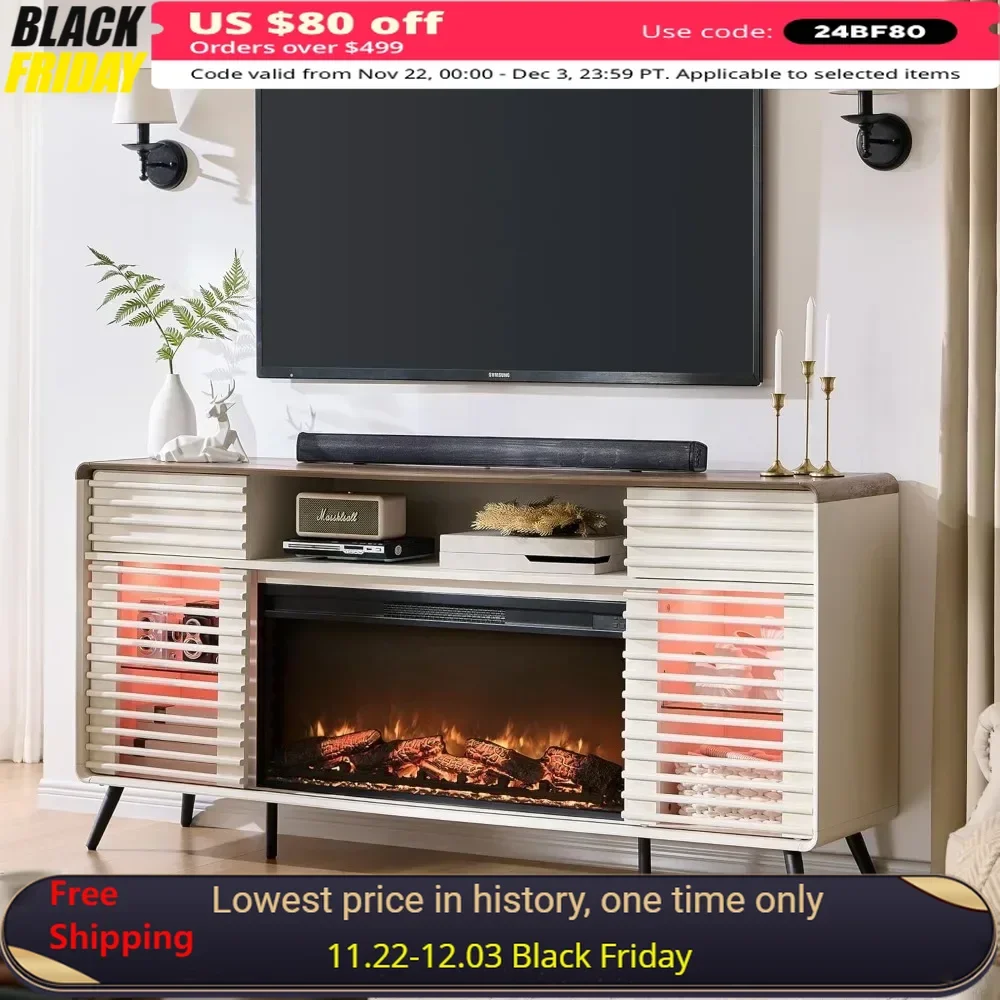 

Fireplace TV Stand for 80 Inch TVs, 36" Electric Fireplace & Led Lights, Slatted Sliding Doors, Mid Century Modern Wood TV Stand