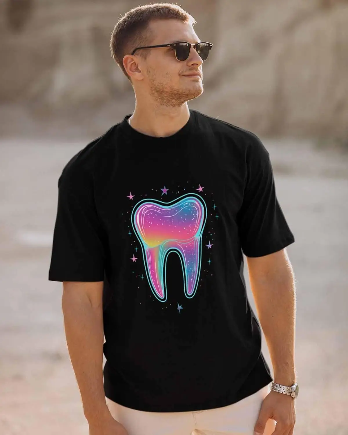 Men's T-Shirt, Novelty Graphic T-Shirt Rainbow Star Teeth Cotton Crew Neck Men's Short Sleeve Basic Tshirts Black-L