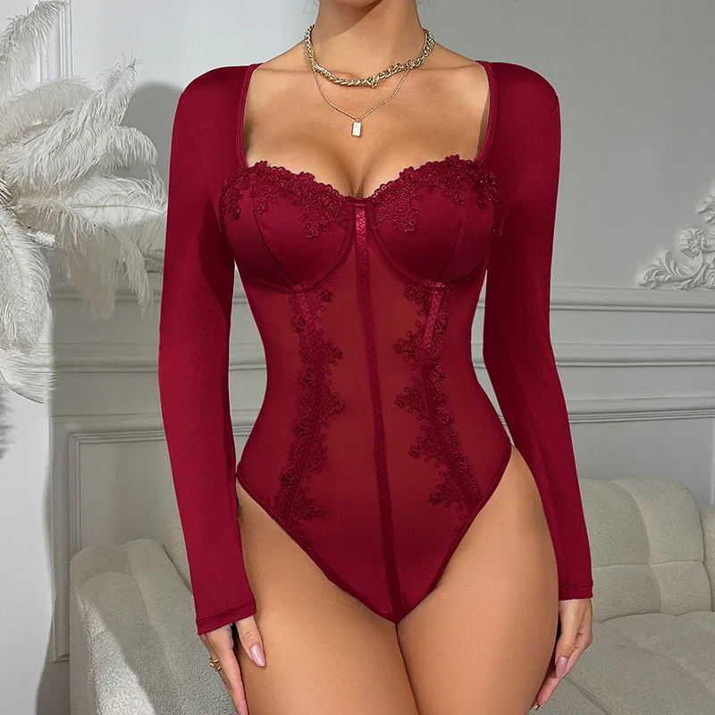 New Sexy Lace Patchwork Black Fishbone Bodysuit Lingerie Hot-Selling See-Through Long Sleeve
