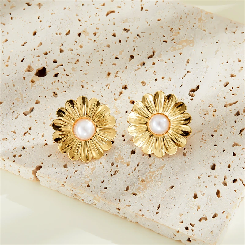 أقراط مرصعة على شكل زهرة البتلة للنساء ، فولاذ مقاوم للصدأ 316L ، مجوهرات راقية ، طراز فرنسي قديم ، لؤلؤ مُضَمِّل ، موضة جديدة ، #4