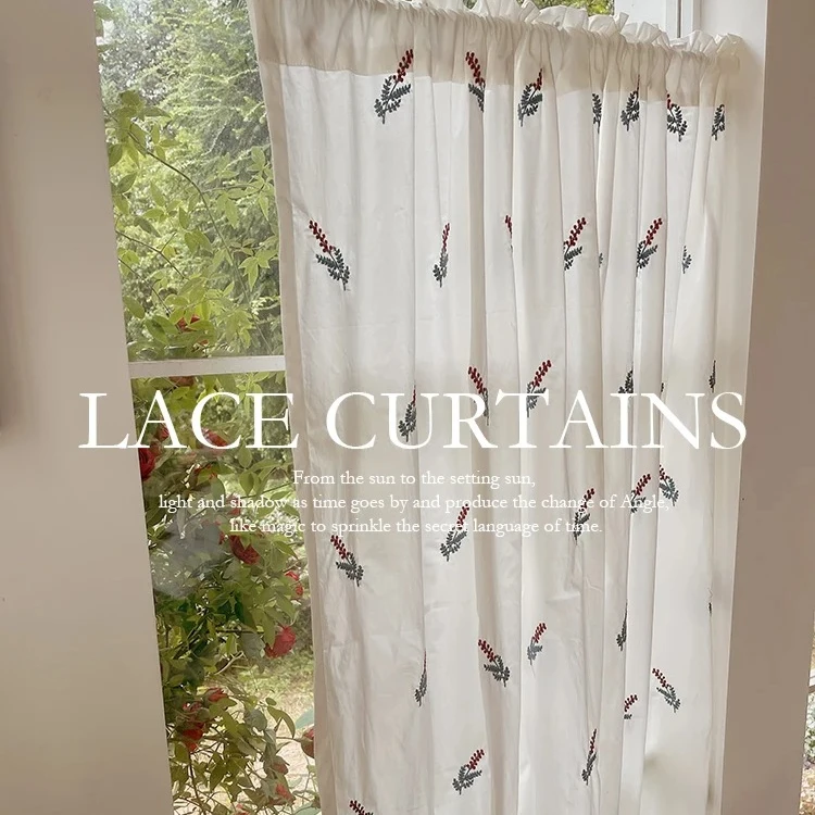 Pastoral style half-layer curtain short lace tulle French cream white elegant double-layer curtain partition rod pocket 1 pc