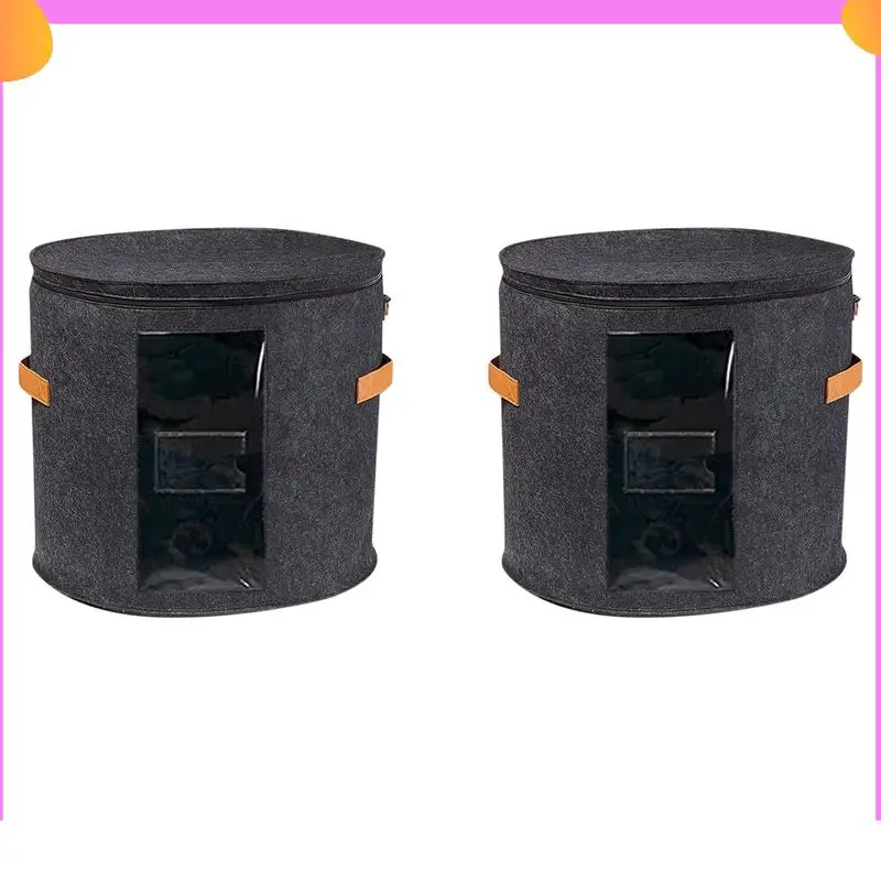 

A23P 2X Round Hat Storage Box - Foldable Hat Box With Lid For Stuffed Clothes And Animal Toy, Carrying Box Dark Grey