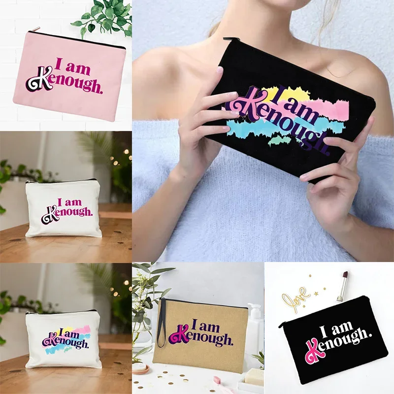 

I am Kenough pattren Women's Cosmetic Canvas Linen Bag Travel Lipstick Bags Makeup Pouches Women Toilet Kits Travel Pencil Case