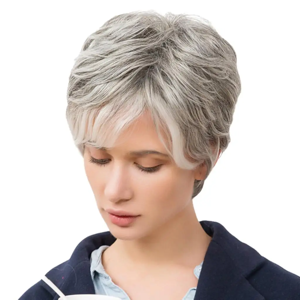 

HEAT RESISTANT Women Girls Ladies Short Real Human Hair Wigs + Cap Gray