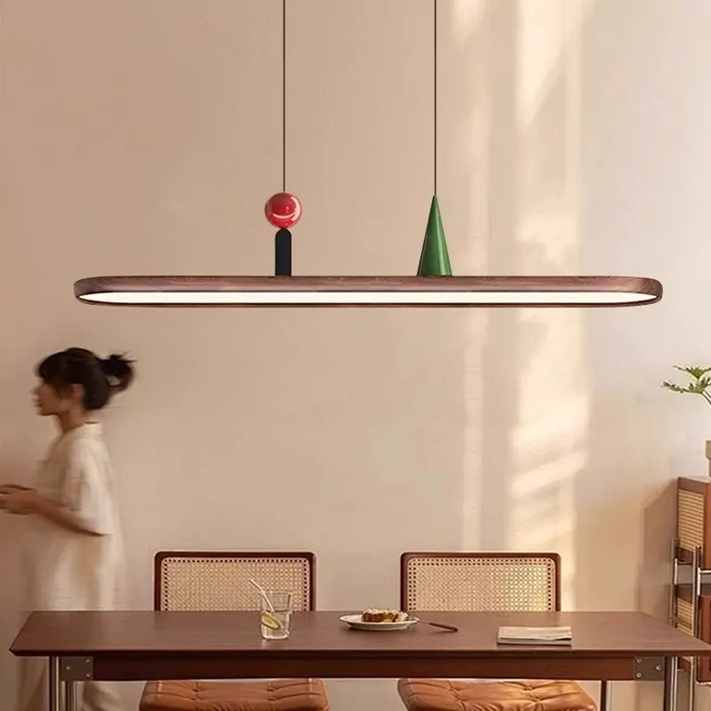 Minimalist Elliptical Iron Pendant Lights Dining Room Restaurant Design Sense Walnut Color Long Strip Revolving LED Hanging Lamp