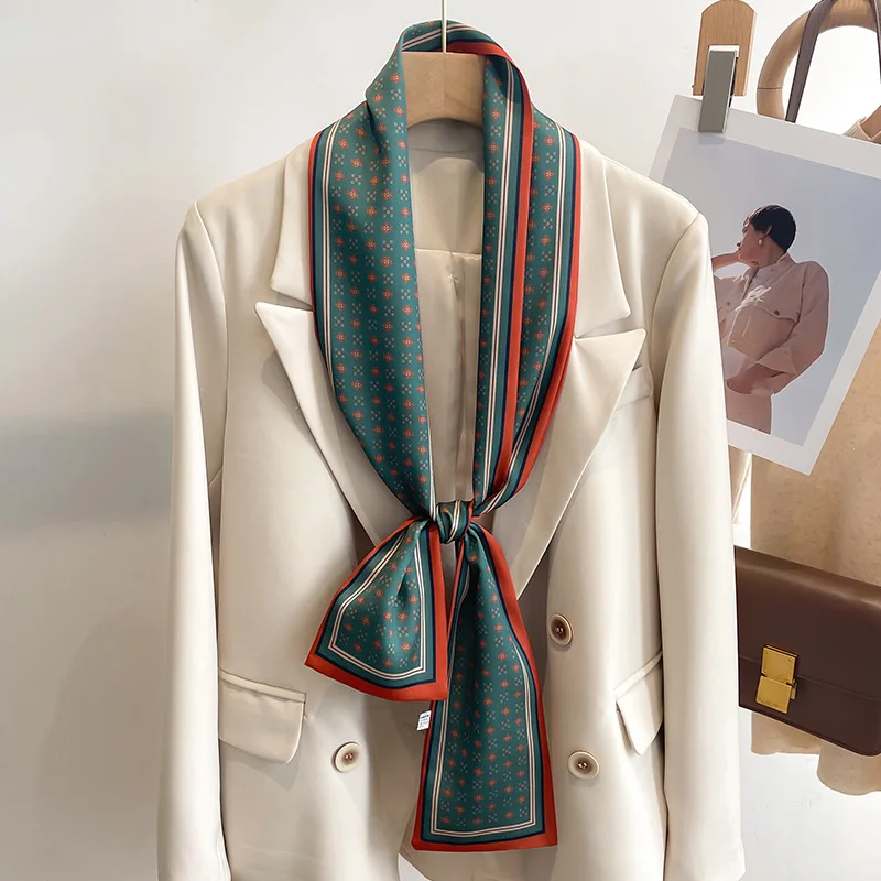 وشاح حريري صغير أخضر للنساء وشاح صغير كوري طويل للربيع والخريف والصيف قميص عصري بشريط رفيع وضيق