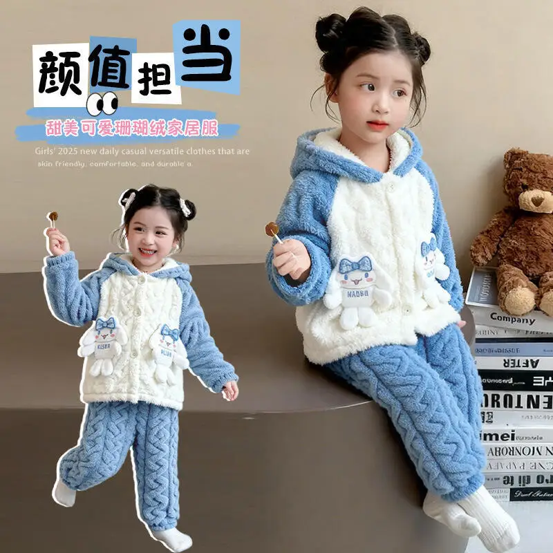 

Популярный пижамный комплект Sanrio для девочек Cinnamoroll Kawaii, модные зимние утепленные топы с капюшоном, брюки, детская одежда, новинка
