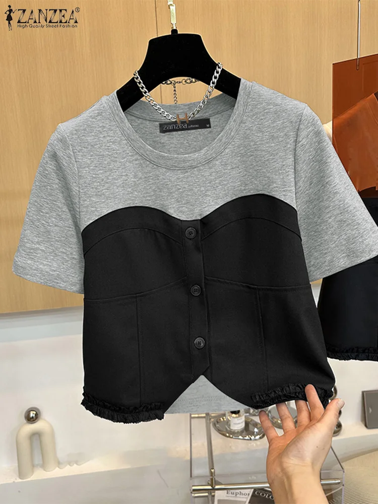 

2025 ZANZEA Stylish Summer Blouses Women Cropped Tops Elegant Short Sleeve OL Work Shirt Casual O Neck Patchwork Blusas Tunic
