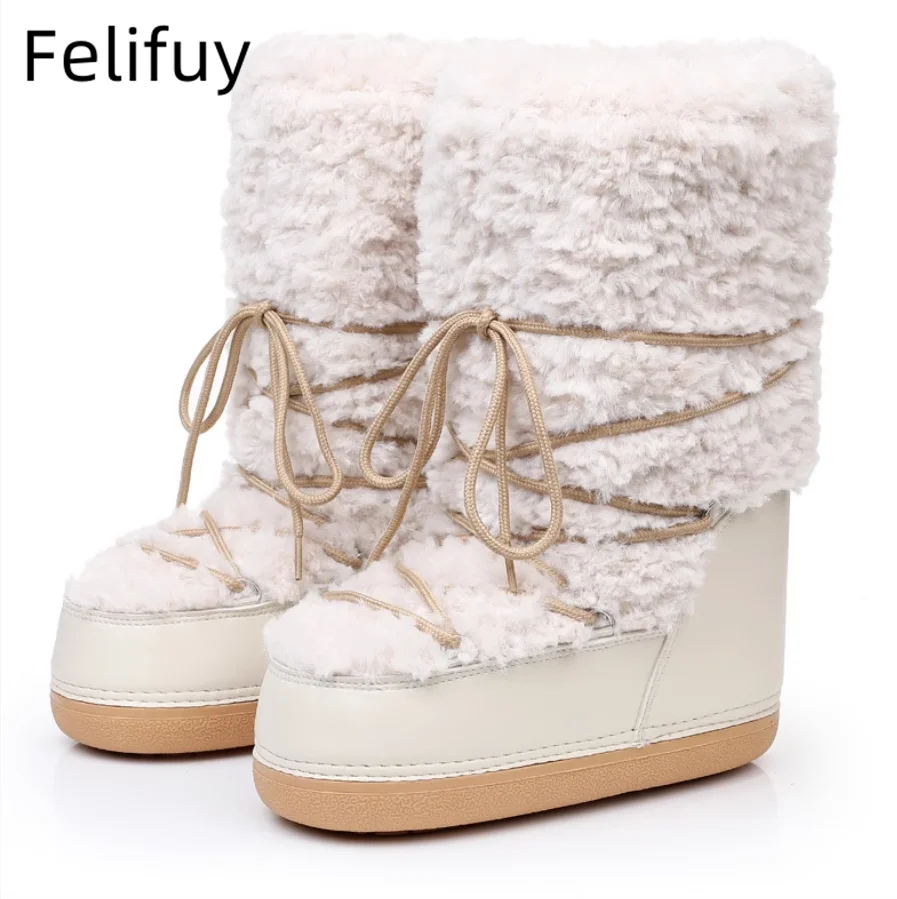 Winter Beige Boots Women Non Slip Warm Winter Lamb Snow Boots Platform Shoes for Women Middle Calf Botas De Mujer Winter Shoes